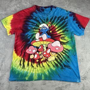 The Smurfs Shirt Tie Dye Mushroom Men's Medium Red Blue All Over‎ Print Cotton